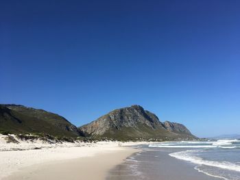 Scenic view of beach against clear blue sky