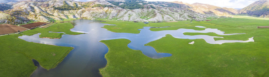 Aerial view. beautiful rascino plateau in fiamignano in italy.