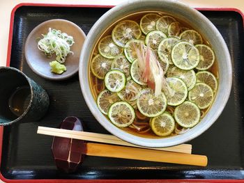 High angle view of various food on table