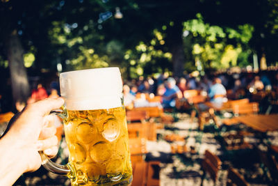 Close-up of beer glass on table