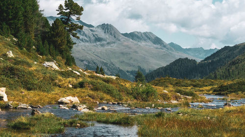Scenic view of lake and mountains against sky