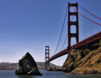 View of suspension bridge over river