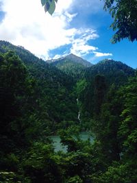 Scenic view of river with mountains in background