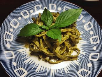 High angle view of leaves in plate on table