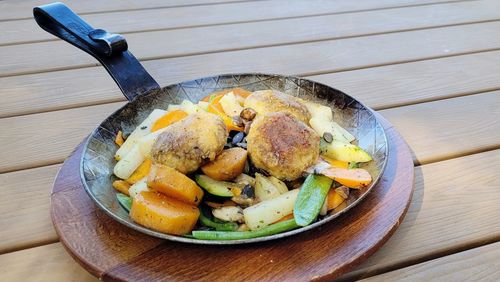 High angle view of food in plate on table