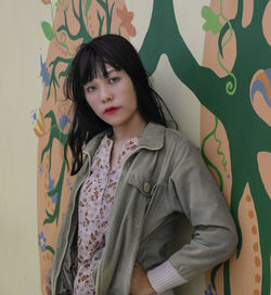 Portrait of young woman standing against wall