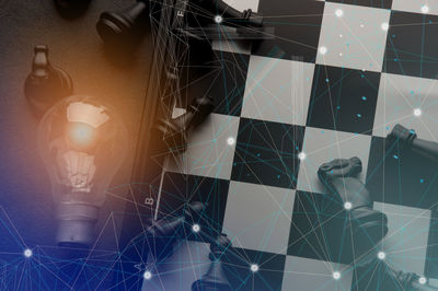 High angle view of illuminated lighting equipment on tiled floor