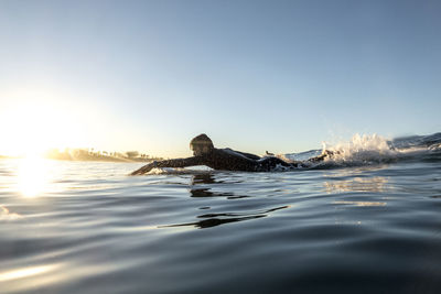 Side view of male surfer lying on surfboard in sea during sunset