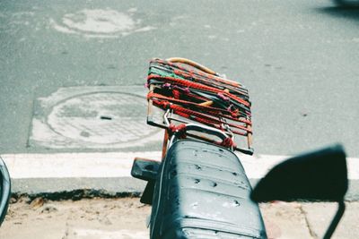 High angle view of empty bench on beach