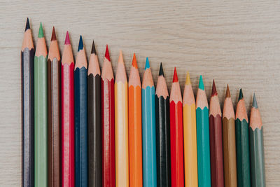 High angle view of multi colored pencils on table