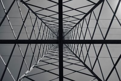 Directly below shot of electricity pylon against clear sky