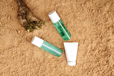 High angle view of bottles on table