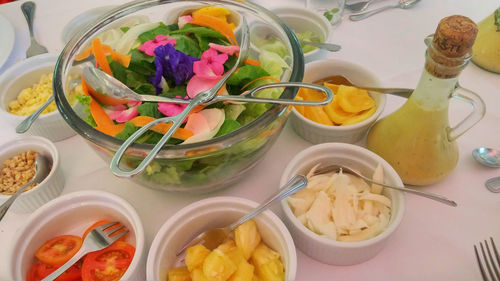 High angle view of various food on table