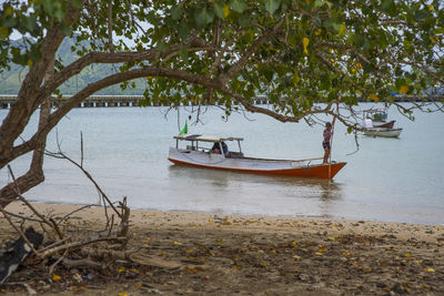 Boat moored on sea shore