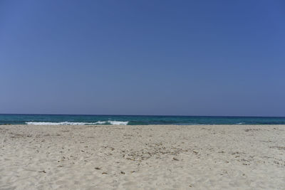 Scenic view of beach against clear blue sky