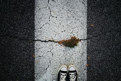 Directly above shot of person shoes on zebra crossing