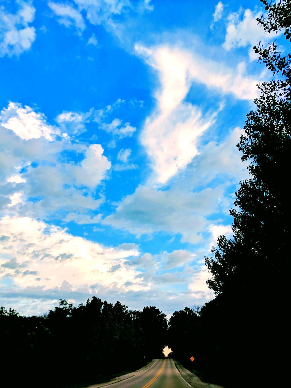 ROAD BY SILHOUETTE TREES AGAINST SKY