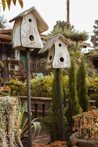 Close-up of wooden post by plants