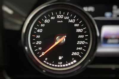Close-up of car speedometer