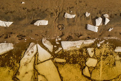 High angle view of text on wet land