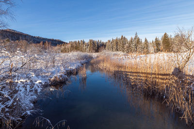 Scenic view of lake against sky during winter