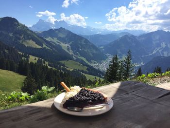 High angle view of trees and mountains against sky