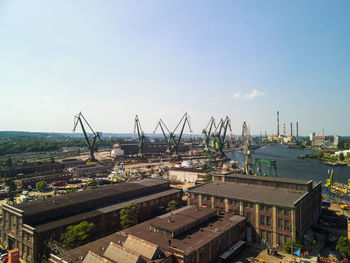 High angle view of commercial dock against sky