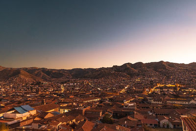 High angle view of townscape against sky during sunset