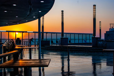 Reflection of buildings in swimming pool at sunset