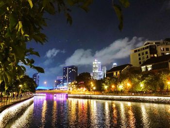 View of city lit up at night