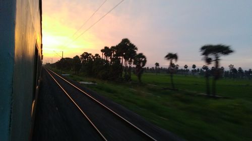 Railroad track amidst trees against sky during sunset