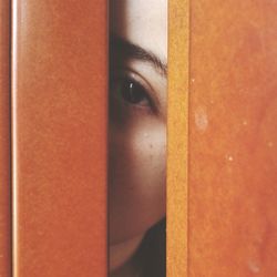 Close-up portrait of woman looking through doorway