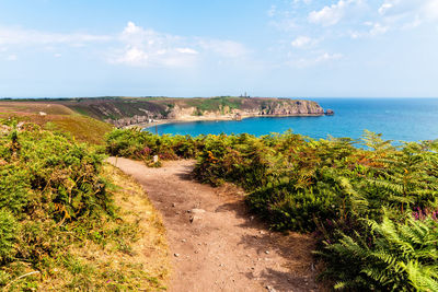 Panoramic view over cap frehel and fort la latte, brittany, france. atlantic ocean french coast