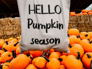 Close-up of pumpkins for sale at market stall