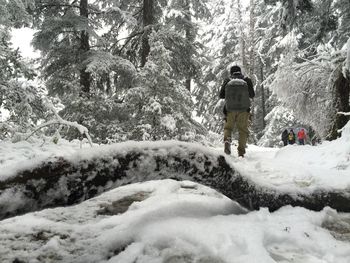 People walking on snow covered landscape