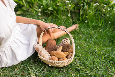 Low section of woman with bread in basket on grass