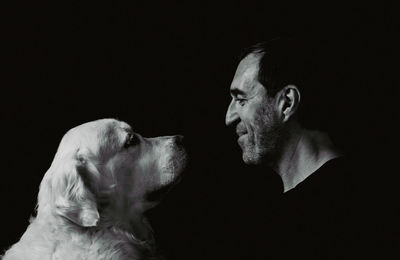 Side view of dog looking away against black background