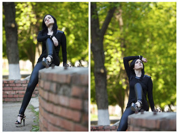 Woman sitting on tree trunk