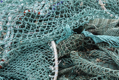 High angle view of fishing net at harbor