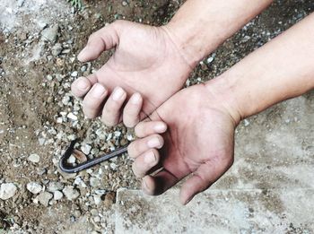 High angle view of hands