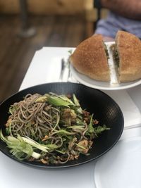 High angle view of food in plate on table