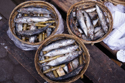 High angle view of fish for sale in market