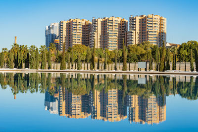 A group of residential buildings against blue sky reflected on a pool