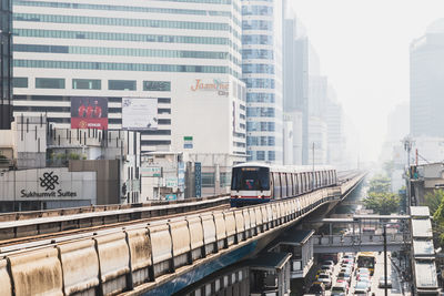 Railroad tracks amidst buildings in city