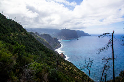 Scenic view of sea and mountains against sky