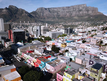 High angle view of townscape against sky in city