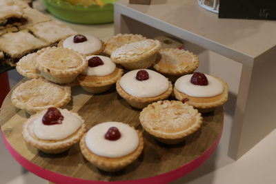 Close-up of fresh mini tarts on table