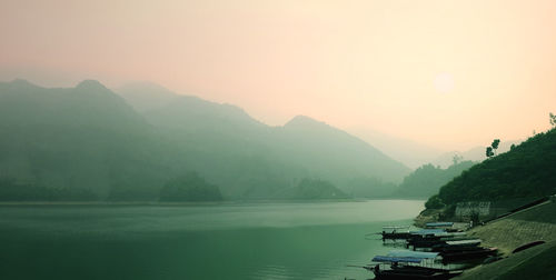 Scenic view of mountains against sky during sunset