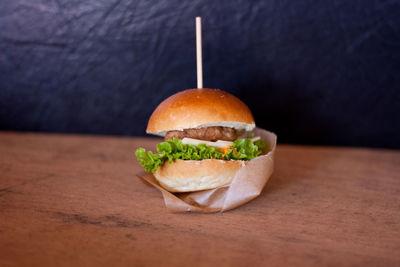 Close-up of burger on table