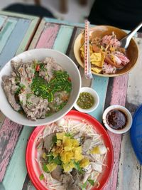 High angle view of meal served on table